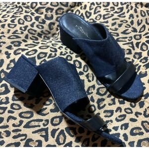 3.1 Phillip Lim Denim & Black Leather‎ Double Strap Cube Sandals, Size 8.5/39